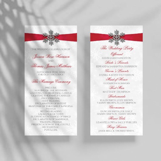 Diamante Snowflake en Red Ribbon Winter Wedding Programmakaart