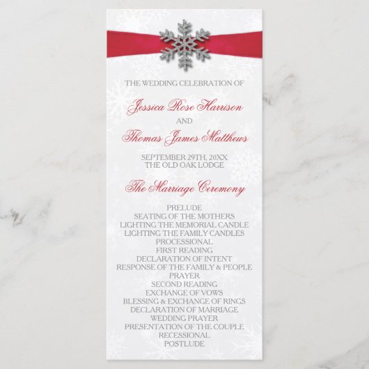 Diamante Snowflake en Red Ribbon Winter Wedding Programmakaart (Voorkant)