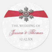 Diamante Snowflake en Red Ribbon Winter Wedding Ronde Sticker (Voorkant)