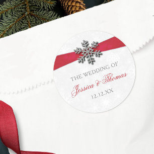 Diamante Snowflake en Red Ribbon Winter Wedding Ronde Sticker