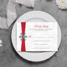Diamante Snowflake en Red Ribbon Winter Wedding RSVP Kaartje