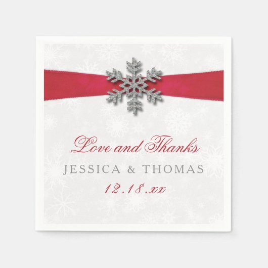 Diamante Snowflake en Red Ribbon Winter Wedding Servet (Voorkant)