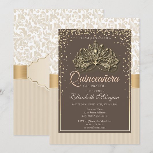 Diamanten Bloemendamask Quinceañera Kaart (Voorkant / Achterkant)