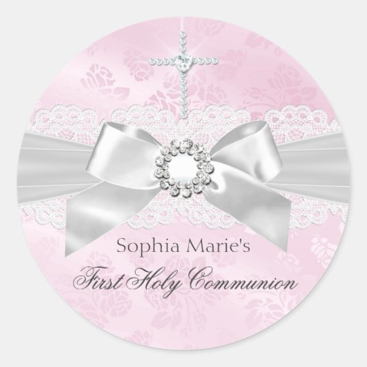 Diamanten Boog Roze Eerste Heilige Communie Sticke Ronde Sticker (Voorkant)