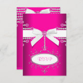 Diamanten Bow Hot Pink Quinceanera RSVP (Voorkant / Achterkant)