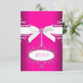 Diamanten Bow Hot Pink Quinceanera RSVP Kaartje (Staand voorkant)