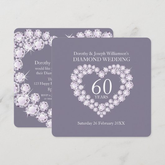 Diamanten bruiloft diamanten hart 60 feest uitnodi kaart (Voorkant / Achterkant)