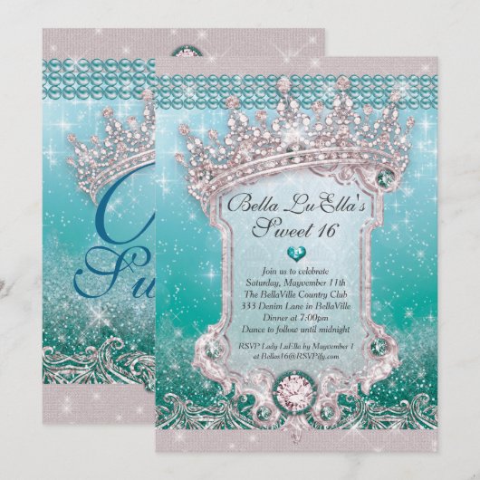 Diamanten en Bling Sweet 16 Quince Uitnodigingen (Voorkant / Achterkant)