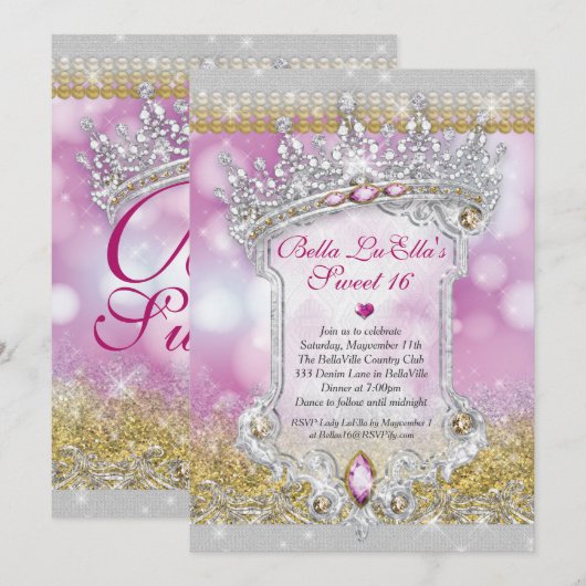 Diamanten en Bling Sweet 16 Quince Uitnodigingen (Voorkant / Achterkant)