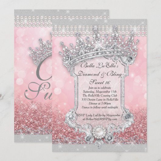 Diamanten en Bling Sweet 16 Quince Uitnodigingen (Voorkant / Achterkant)
