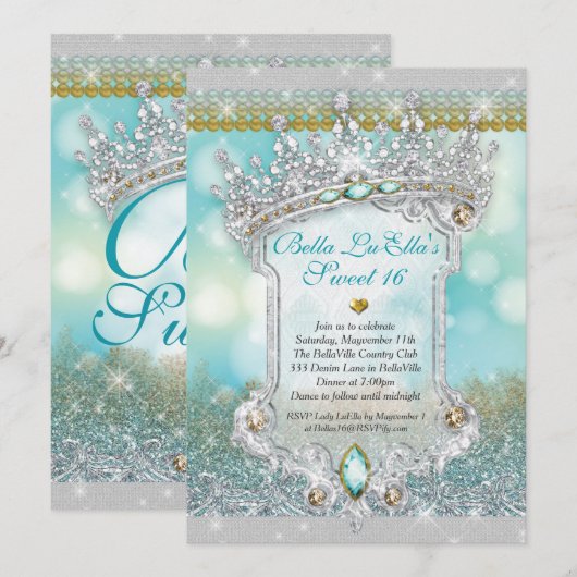 Diamanten en Bling Sweet 16 Quince Uitnodigingen (Voorkant / Achterkant)