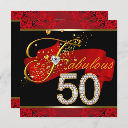 Diamanten en goud rood Fabulous 50ste verjaardagsf Kaart (Voorkant / Achterkant)