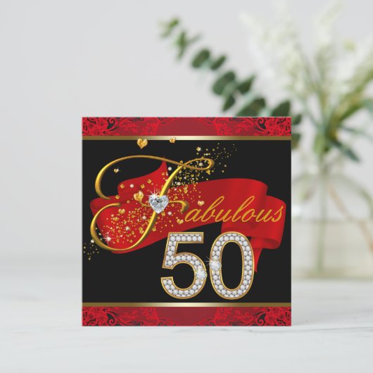 Diamanten en goud rood Fabulous 50ste verjaardagsf Kaart (Staand voorkant)