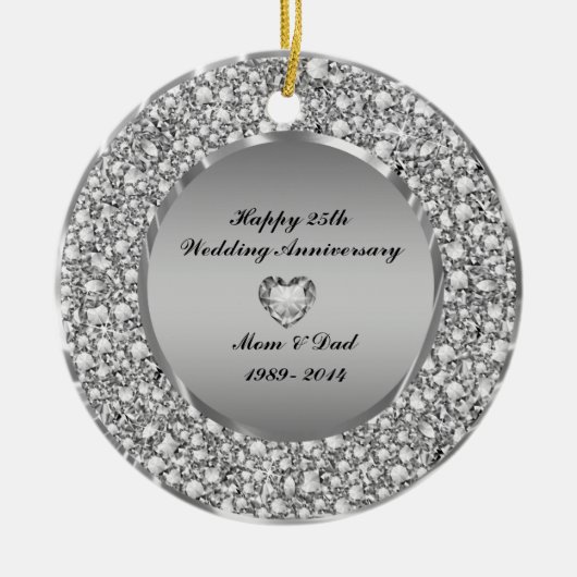 Diamanten en zilver 25th Wedding Jubileum Keramisch Ornament (Voorkant)
