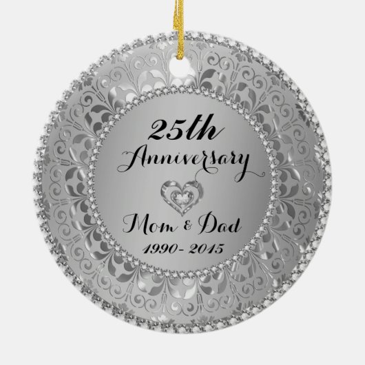 Diamanten en zilver 25th Wedding Jubileum Keramisch Ornament (Achterkant)