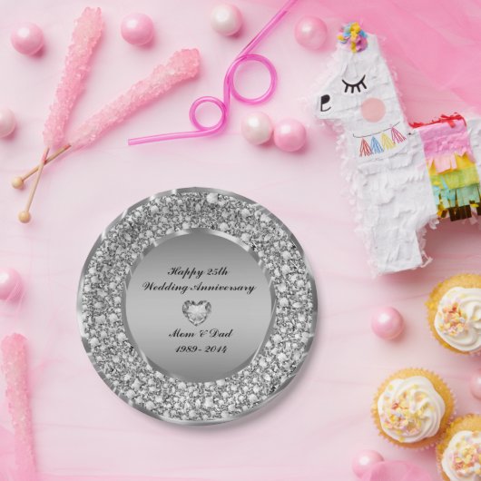 Diamanten en zilver 25th Wedding Jubileum Papieren Bordje (Feest)