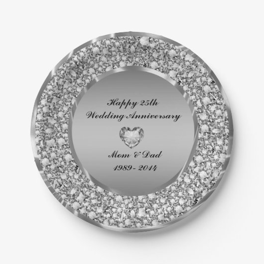 Diamanten en zilver 25th Wedding Jubileum Papieren Bordje (Voorkant)