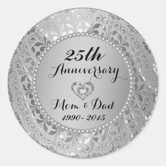 Diamanten en zilver 25th Wedding Jubileum Ronde Sticker (Voorkant)