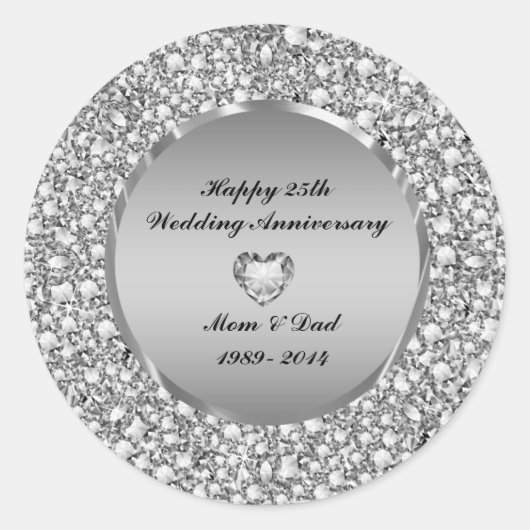 Diamanten en zilver 25th Wedding Jubileum Ronde Sticker (Voorkant)