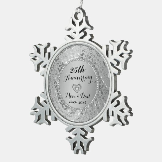 Diamanten en zilver 25th Wedding Jubileum Tin Sneeuwvlok Ornament (Rechts)