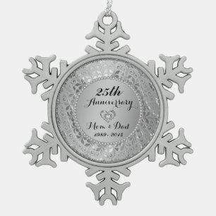 Diamanten en zilver 25th Wedding Jubileum Tin Sneeuwvlok Ornament