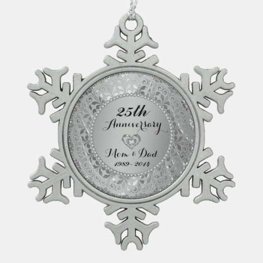 Diamanten en zilver 25th Wedding Jubileum Tin Sneeuwvlok Ornament (Voorkant)