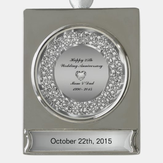Diamanten en zilver 25th Wedding Jubileum Verzilverd Banner Ornament (Voorkant)