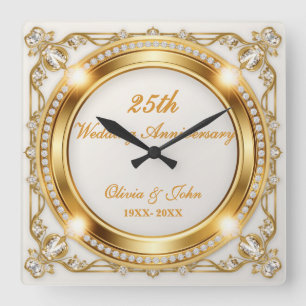 Diamanten & gouden 25e huwelijksjubileum cadeau vierkante klok