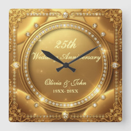 Diamanten & gouden 25e huwelijksjubileum cadeau vierkante klok