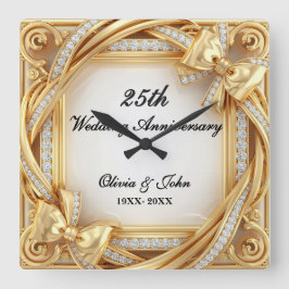 Diamanten & gouden 25e huwelijksjubileum cadeau vierkante klok