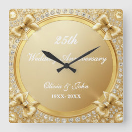 Diamanten & gouden 25e huwelijksjubileum cadeau vierkante klok