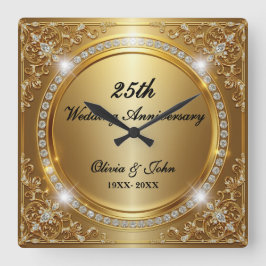Diamanten & gouden 25e huwelijksjubileum cadeau vierkante klok