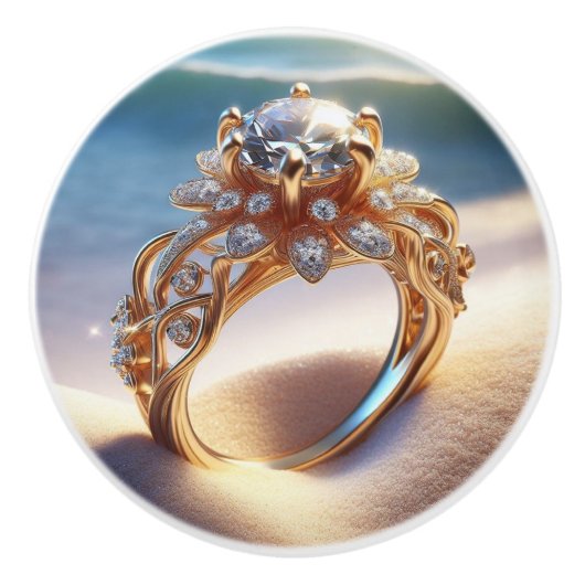 Diamanten gouden ring op het strand keramische knop (Voorkant)