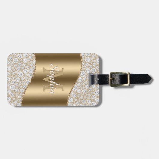 Diamanten, Groot Gouden Monogram, Witte Script Naa Bagagelabel (Voorkant horizontaal)