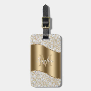 Diamanten, Groot Gouden Monogram, Witte Script Naa Bagagelabel