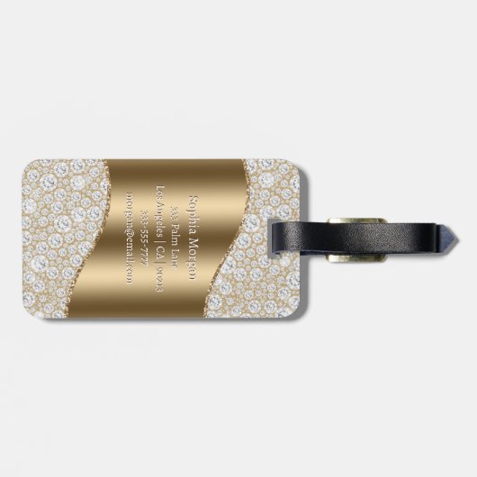 Diamanten, Groot Gouden Monogram, Witte Script Naa Bagagelabel (Achterkant horizontaal)