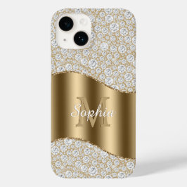 Diamanten, Groot Gouden Monogram, Witte Script Naa Case-Mate iPhone 14 Hoesje