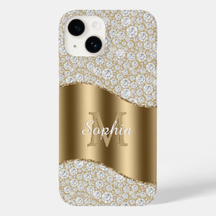 Diamanten, Groot Gouden Monogram, Witte Script Naa Case-Mate iPhone 14 Hoesje