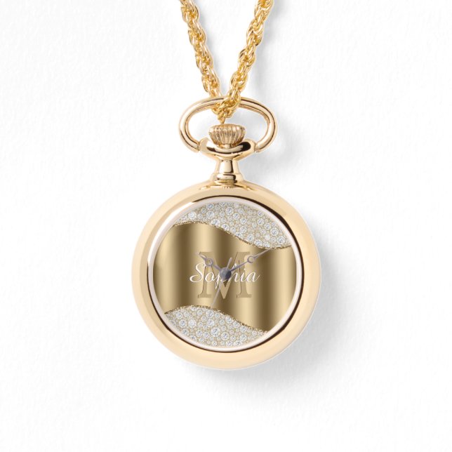 Diamanten, Groot Gouden Monogram, Witte Script Naa Horloge (Voorkant)