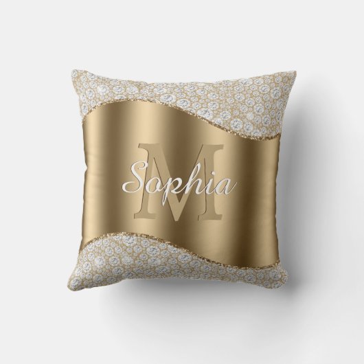 Diamanten, Groot Gouden Monogram, Witte Script Naa Kussen (Achterkant)