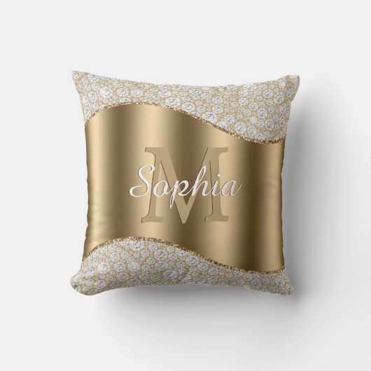 Diamanten, Groot Gouden Monogram, Witte Script Naa Kussen (Voorkant)