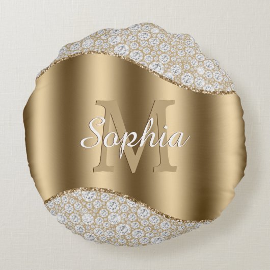 Diamanten, Groot Gouden Monogram, Witte Script Naa Rond Kussen (Achterkant)