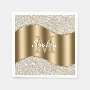 Diamanten, Groot Gouden Monogram, Witte Script Naa Servet