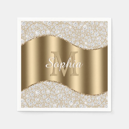 Diamanten, Groot Gouden Monogram, Witte Script Naa Servet (Voorkant)