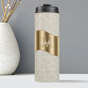 Diamanten, Groot Gouden Monogram Witte Script Naam Thermosbeker