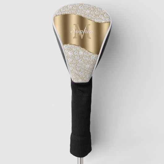 diamanten, groot goudmonogram, witte scriptnaam golfheadcover (Voorkant)