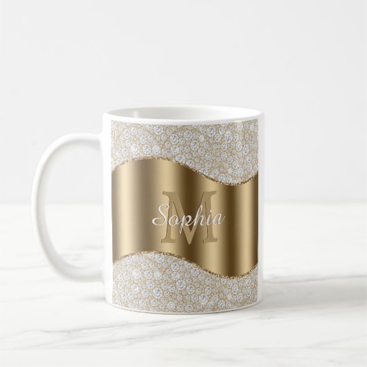 diamanten, groot goudmonogram, witte scriptnaam koffiemok (Links)