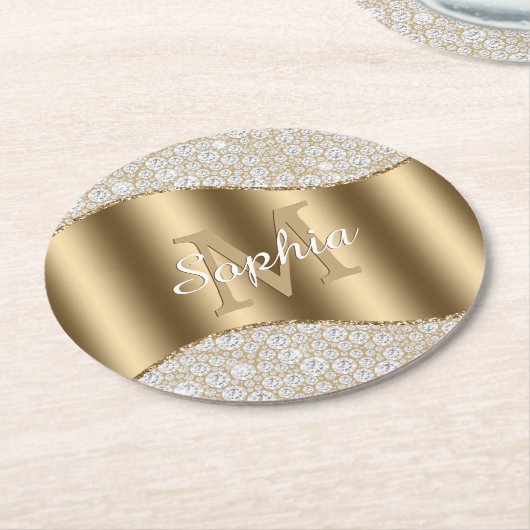 diamanten, groot goudmonogram, witte scriptnaam ronde kartonnen onderzetter (Gebogen)