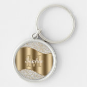 diamanten, groot goudmonogram, witte scriptnaam sleutelhanger (Voorkant)