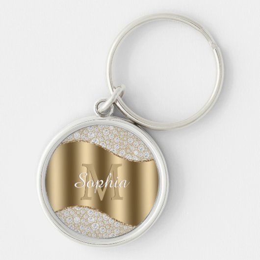 diamanten, groot goudmonogram, witte scriptnaam sleutelhanger (Voorkant)